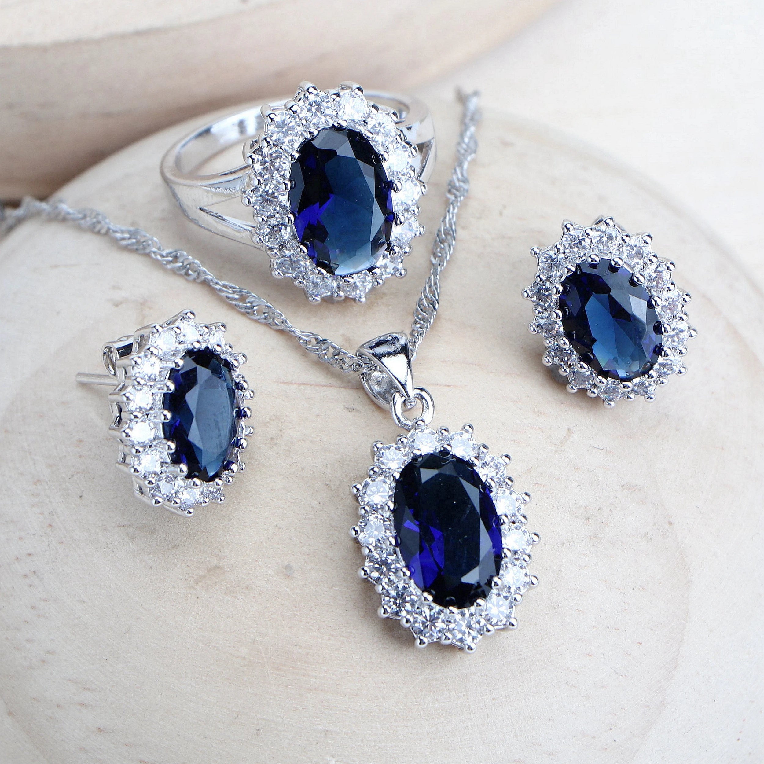 925 Sterling Bridal Jewelry Set – Zirconia Necklace Earrings Ring Bracelet