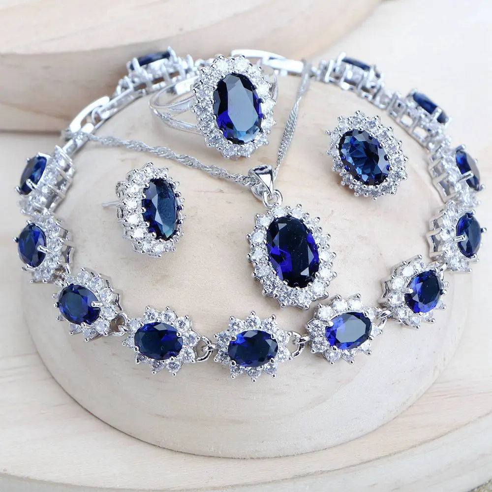 925 Sterling Bridal Jewelry Set – Zirconia Necklace Earrings Ring Bracelet
