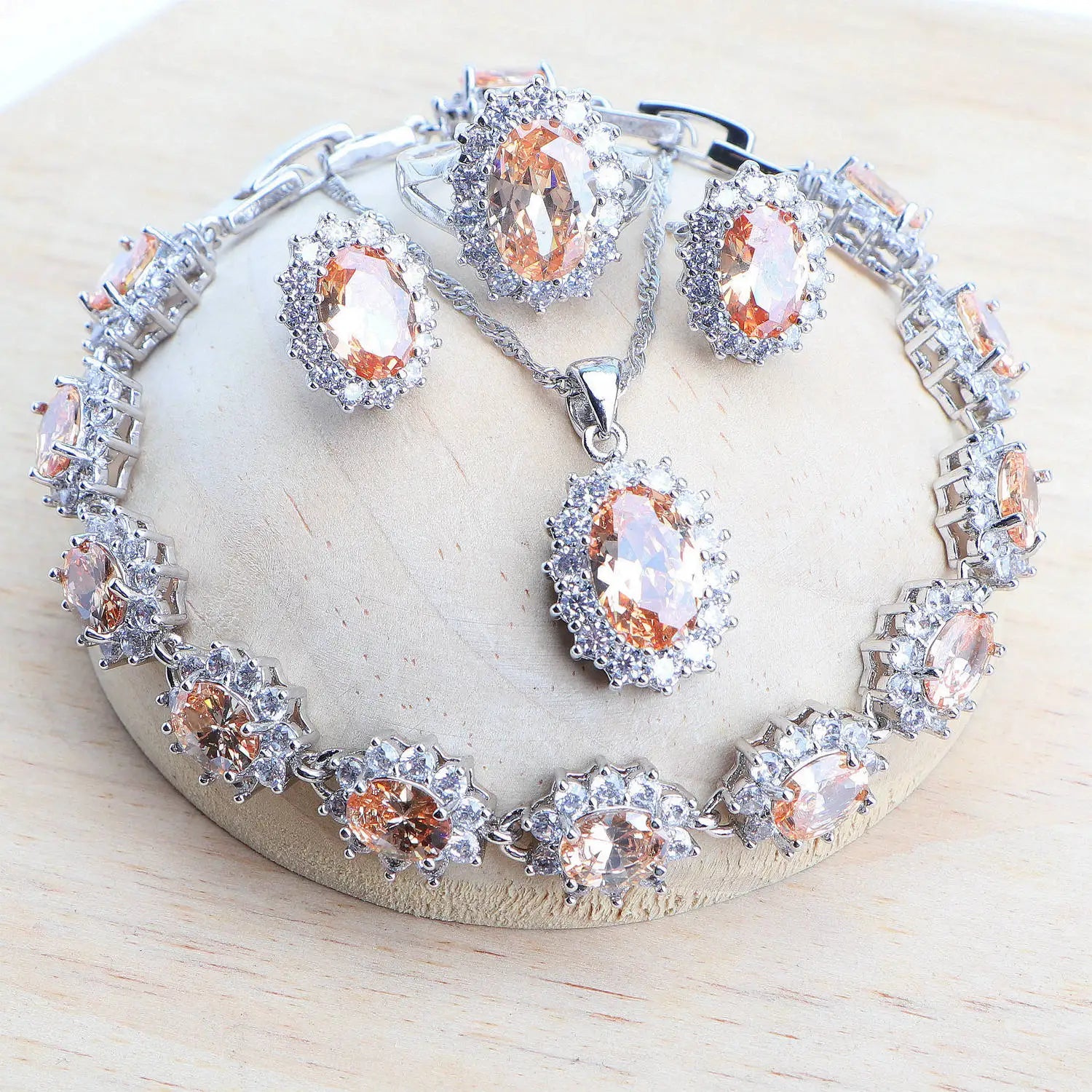 925 Sterling Bridal Jewelry Set – Zirconia Necklace Earrings Ring Bracelet