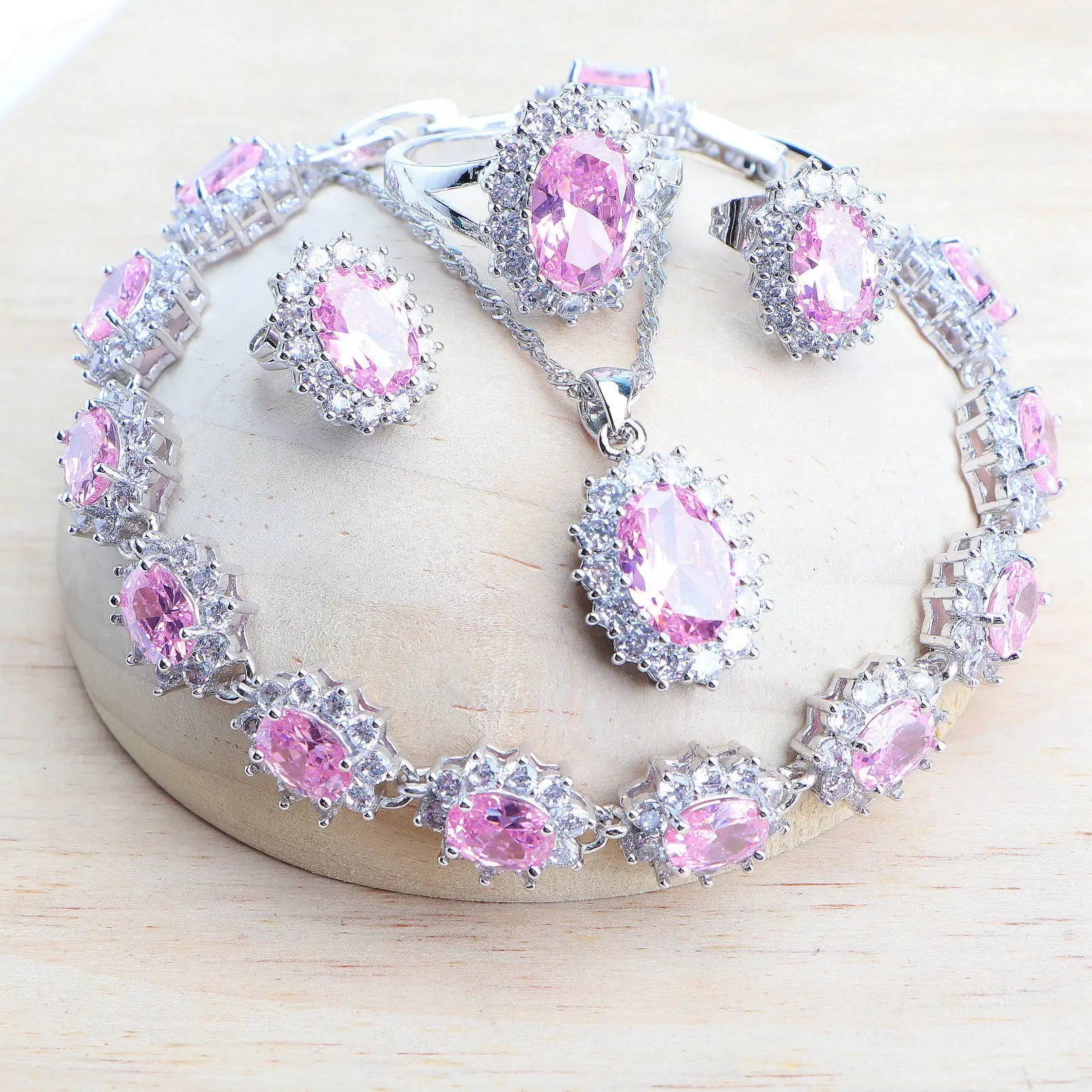 925 Sterling Bridal Jewelry Set – Zirconia Necklace Earrings Ring Bracelet