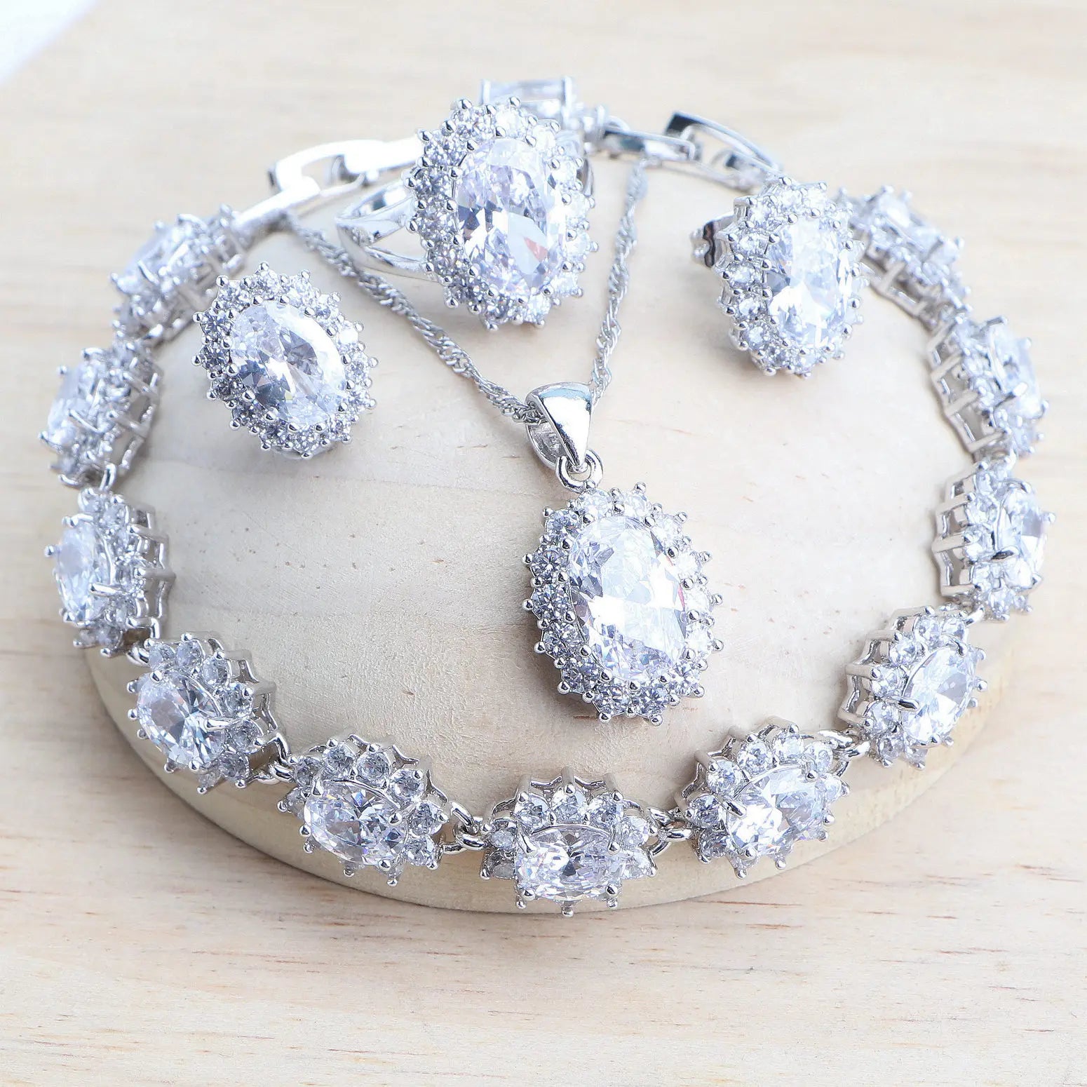 925 Sterling Bridal Jewelry Set – Zirconia Necklace Earrings Ring Bracelet