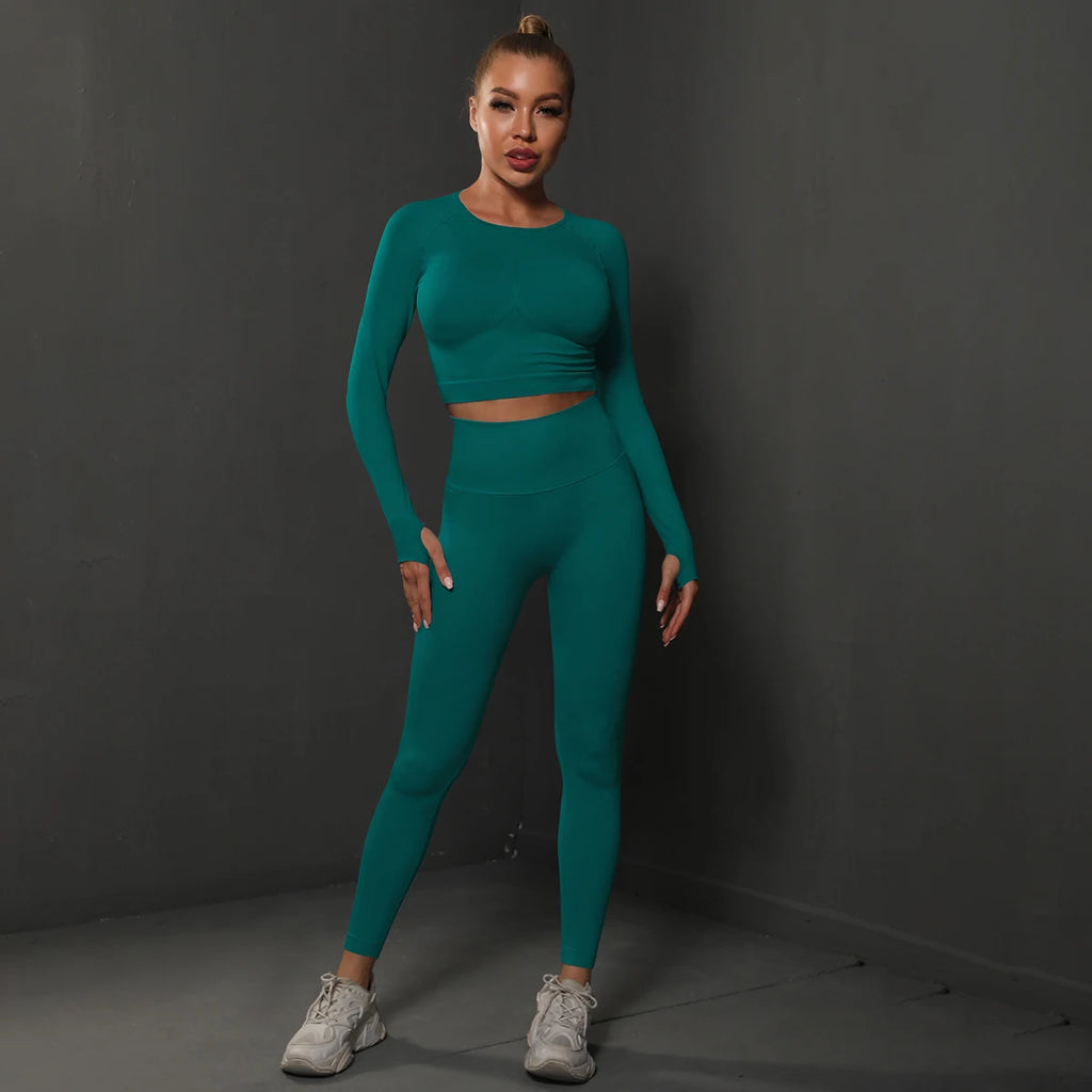 Women's 2-Piece Seamless Gym Set | High Waist Leggings + Long Sleeve Top | Yoga, Running & Fitness Tracksuit