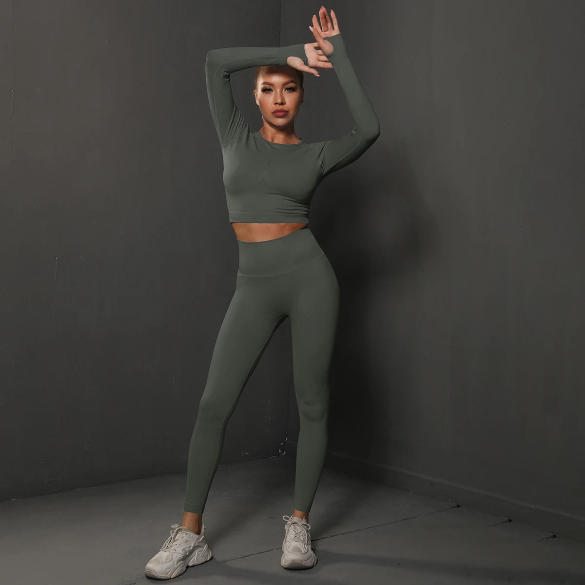 Women's 2-Piece Seamless Gym Set | High Waist Leggings + Long Sleeve Top | Yoga, Running & Fitness Tracksuit