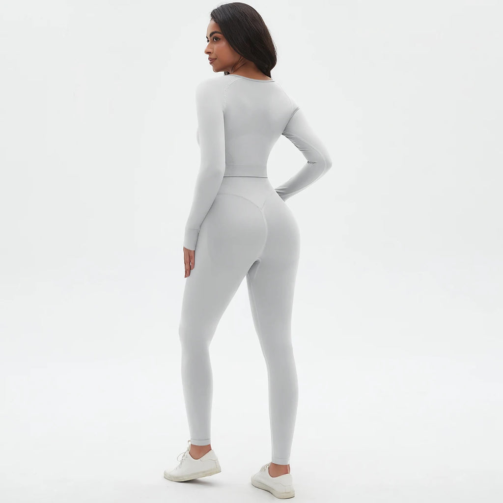 Women's 2-Piece Seamless Workout Set – Long Sleeve Top & High Waist Leggings