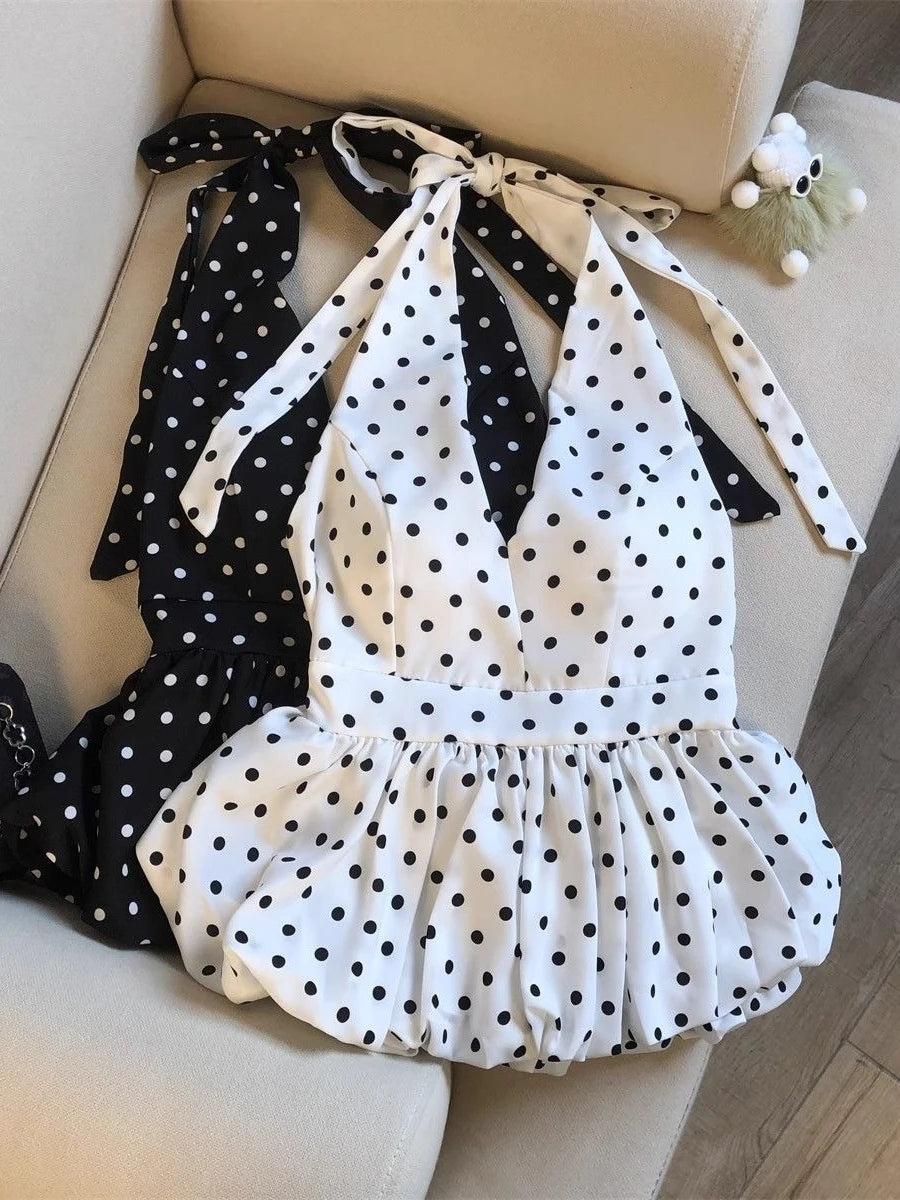 Backless Sexy Halter Beach Babydoll Crop Tops Women Polka Dots V Neck Sleeveless T Shirt Ruffles Basic Tees Not-Padded Pad