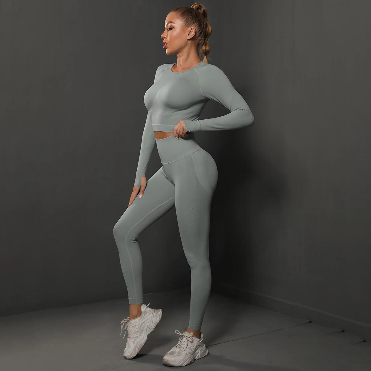 Women's 2-Piece Seamless Gym Set | High Waist Leggings + Long Sleeve Top | Yoga, Running & Fitness Tracksuit