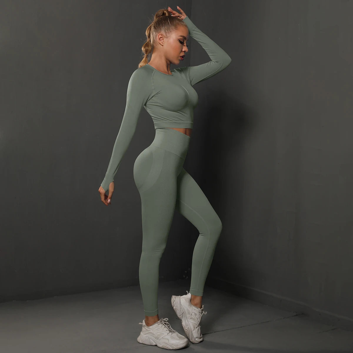Women's 2-Piece Seamless Gym Set | High Waist Leggings + Long Sleeve Top | Yoga, Running & Fitness Tracksuit