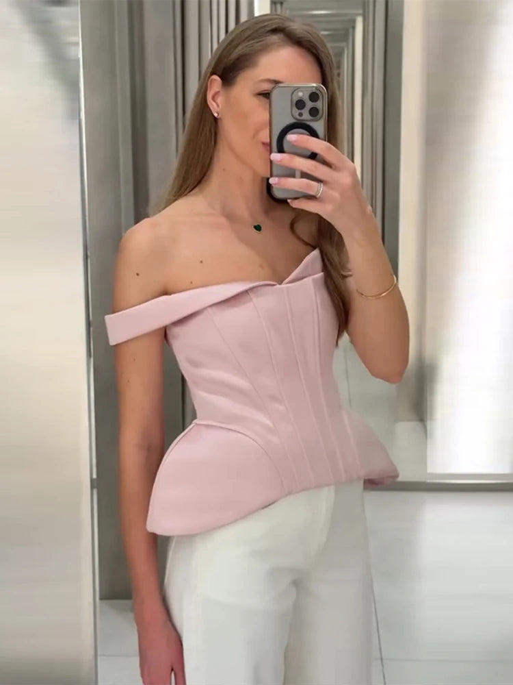 Navy Blue Corset Tops Women's Slim Sleeveless Waist-cinching Lace-up Off-shoulder Blouses 2026 New Ladies Summer Office Outfit
