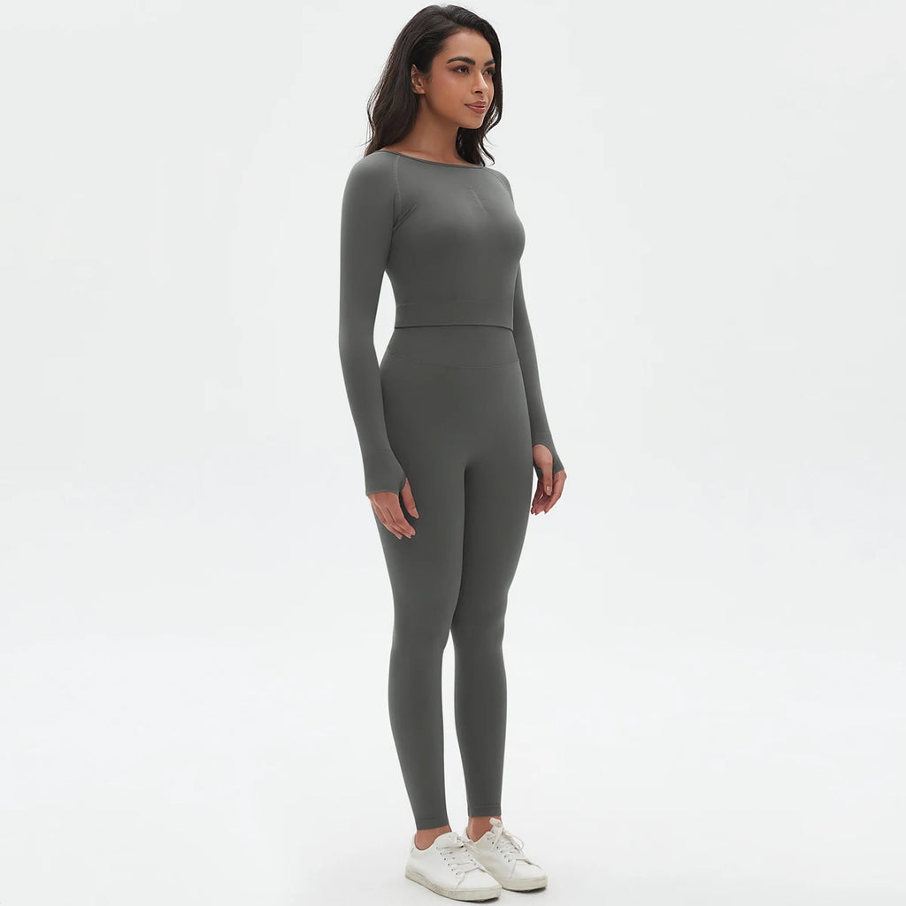 Women's 2-Piece Seamless Workout Set – Long Sleeve Top & High Waist Leggings