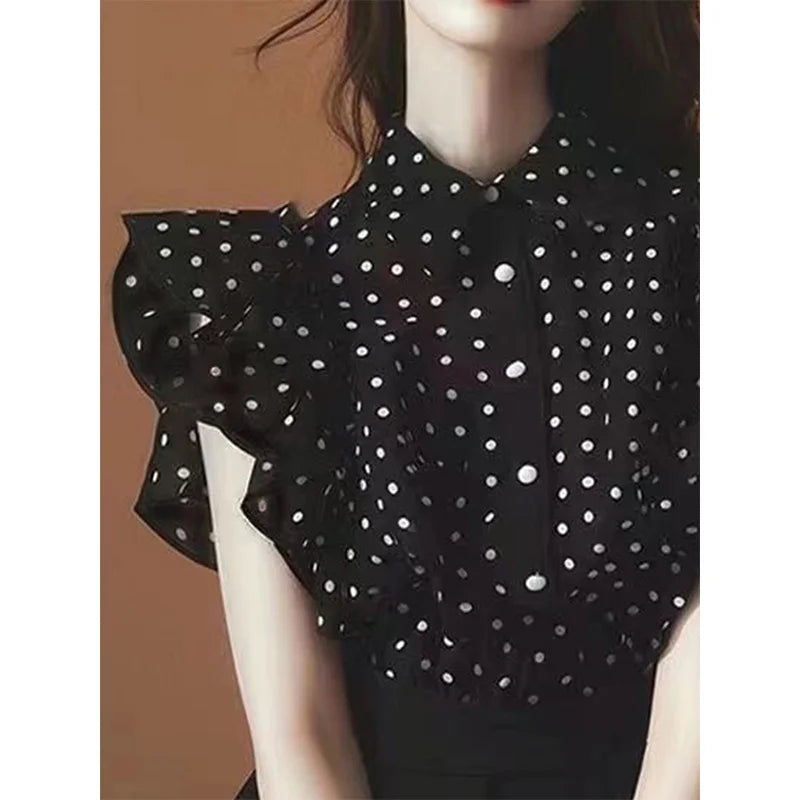 Women’s Black Polka Dot Chiffon Top – Elegant Summer Short Sleeve Blouse