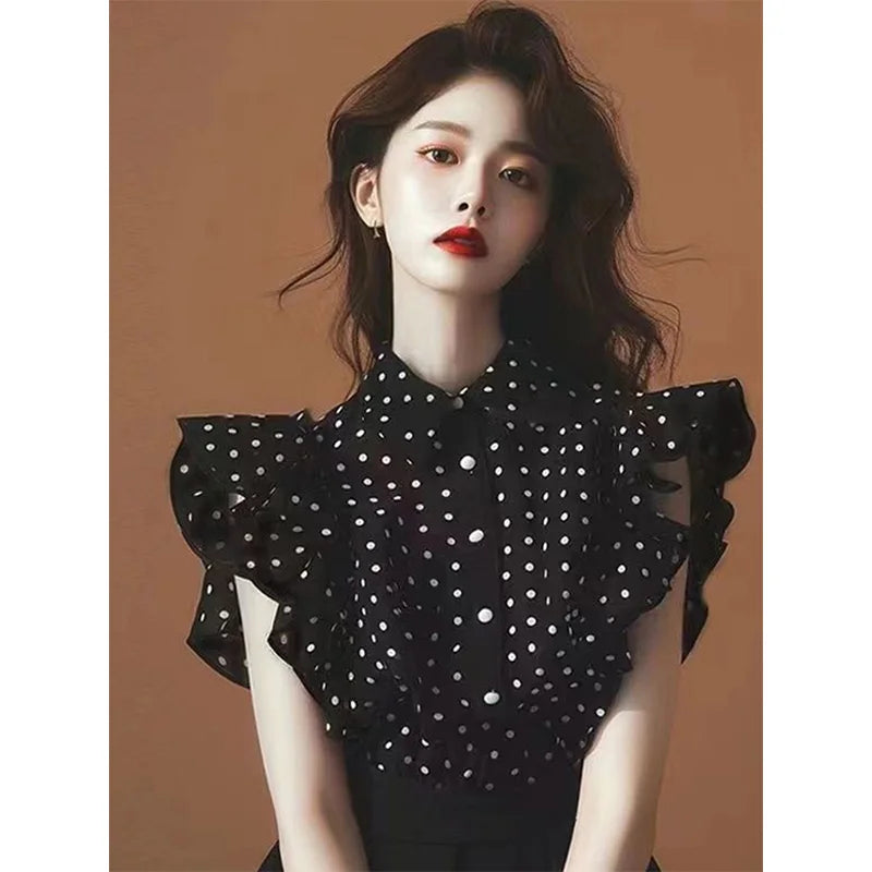 Women’s Black Polka Dot Chiffon Top – Elegant Summer Short Sleeve Blouse