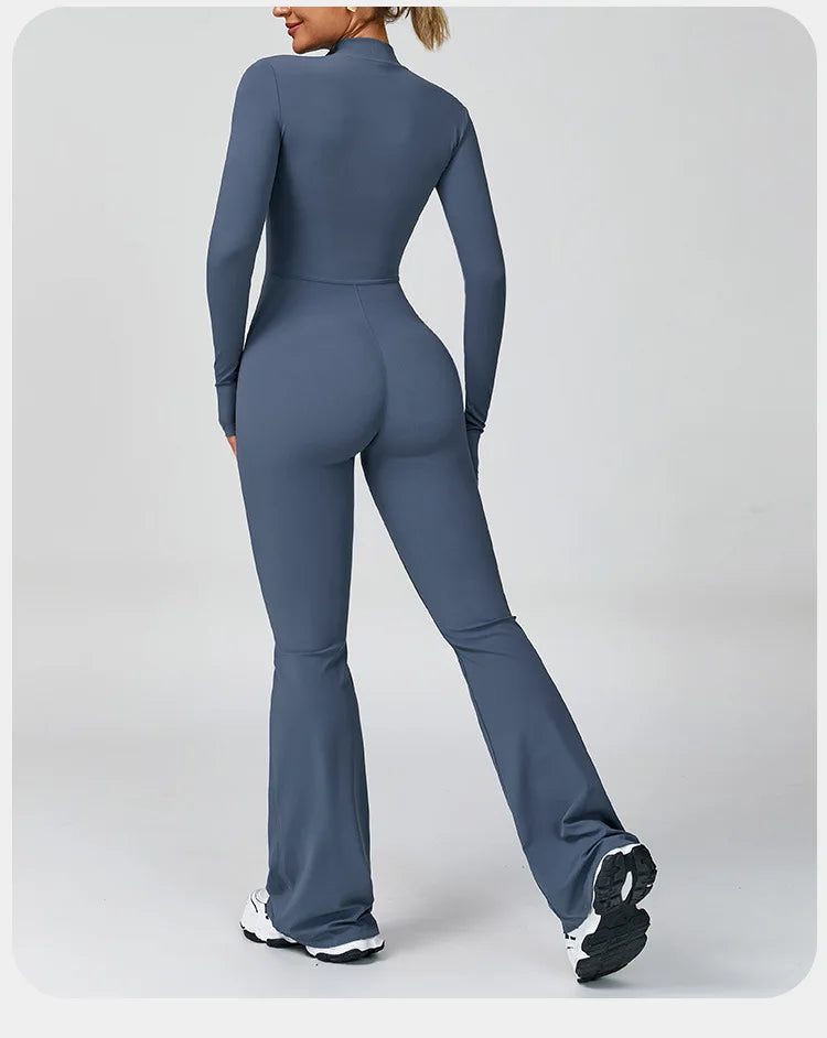 Women's Zipper Flared Jumpsuit – Yoga Gym Sportswear