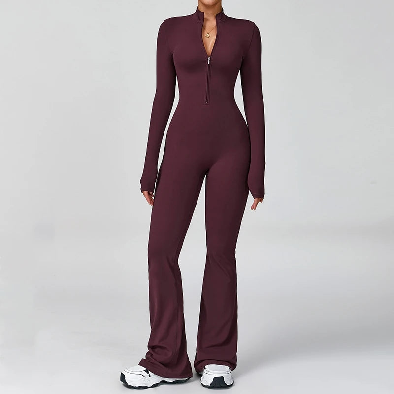 Women's Zipper Flared Jumpsuit – Yoga Gym Sportswear