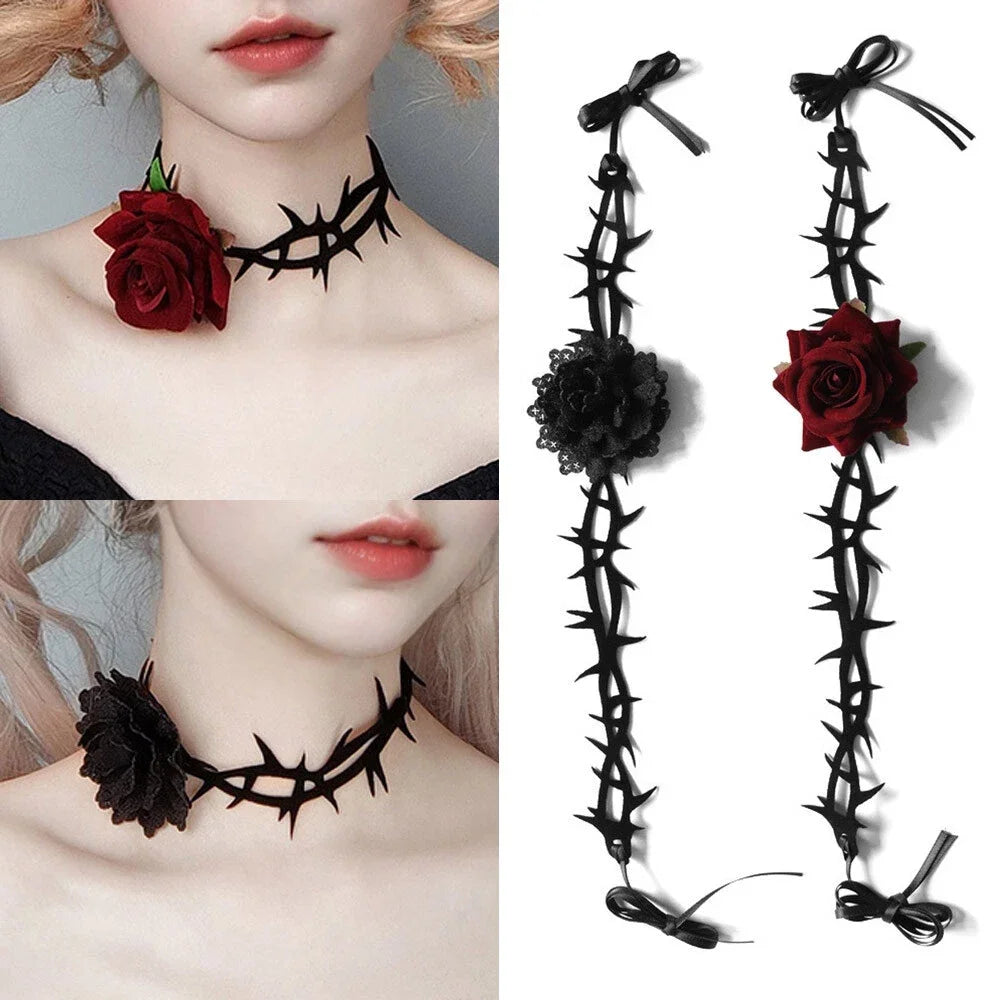 Women’s Gothic Rose Thorn Choker Necklace – Black Lace Floral Necklace for Halloween & Parties