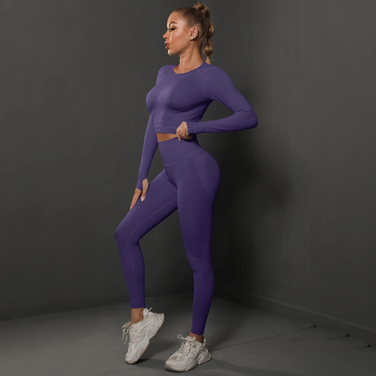 Women's 2-Piece Seamless Gym Set | High Waist Leggings + Long Sleeve Top | Yoga, Running & Fitness Tracksuit