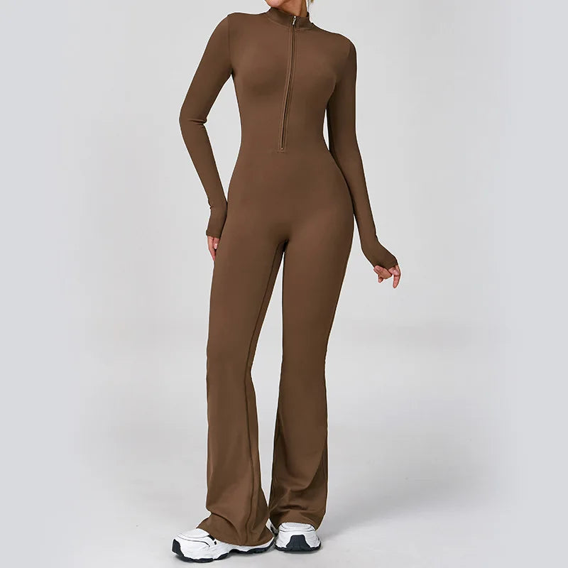 Women's Zipper Flared Jumpsuit – Yoga Gym Sportswear