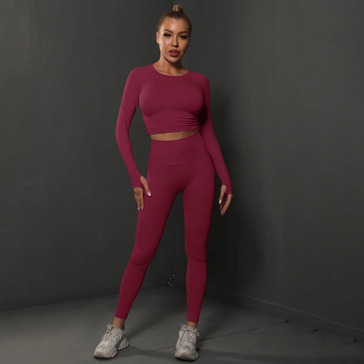 Women's 2-Piece Seamless Gym Set | High Waist Leggings + Long Sleeve Top | Yoga, Running & Fitness Tracksuit