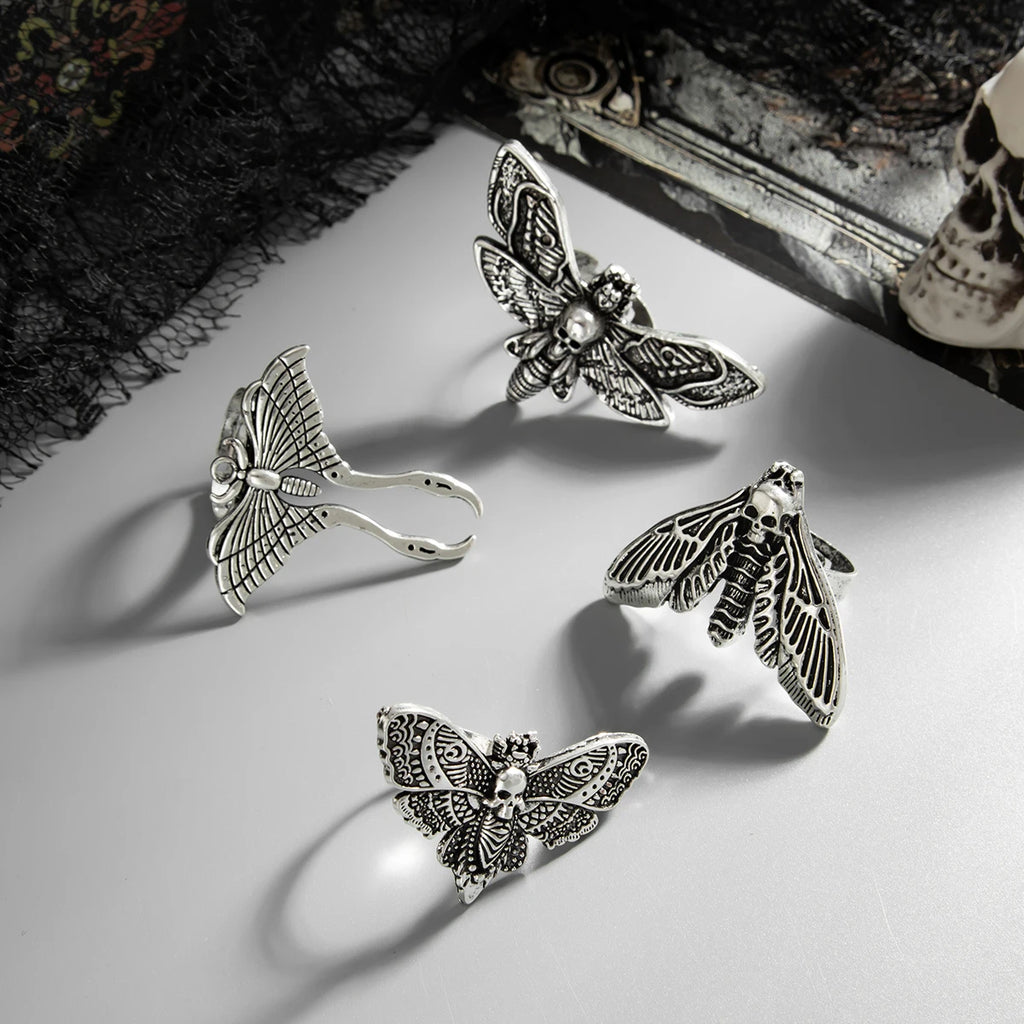 Salircon 4Pcs Goth Butterfly Moth Skull Ring Set – Women's Punk Jewelry