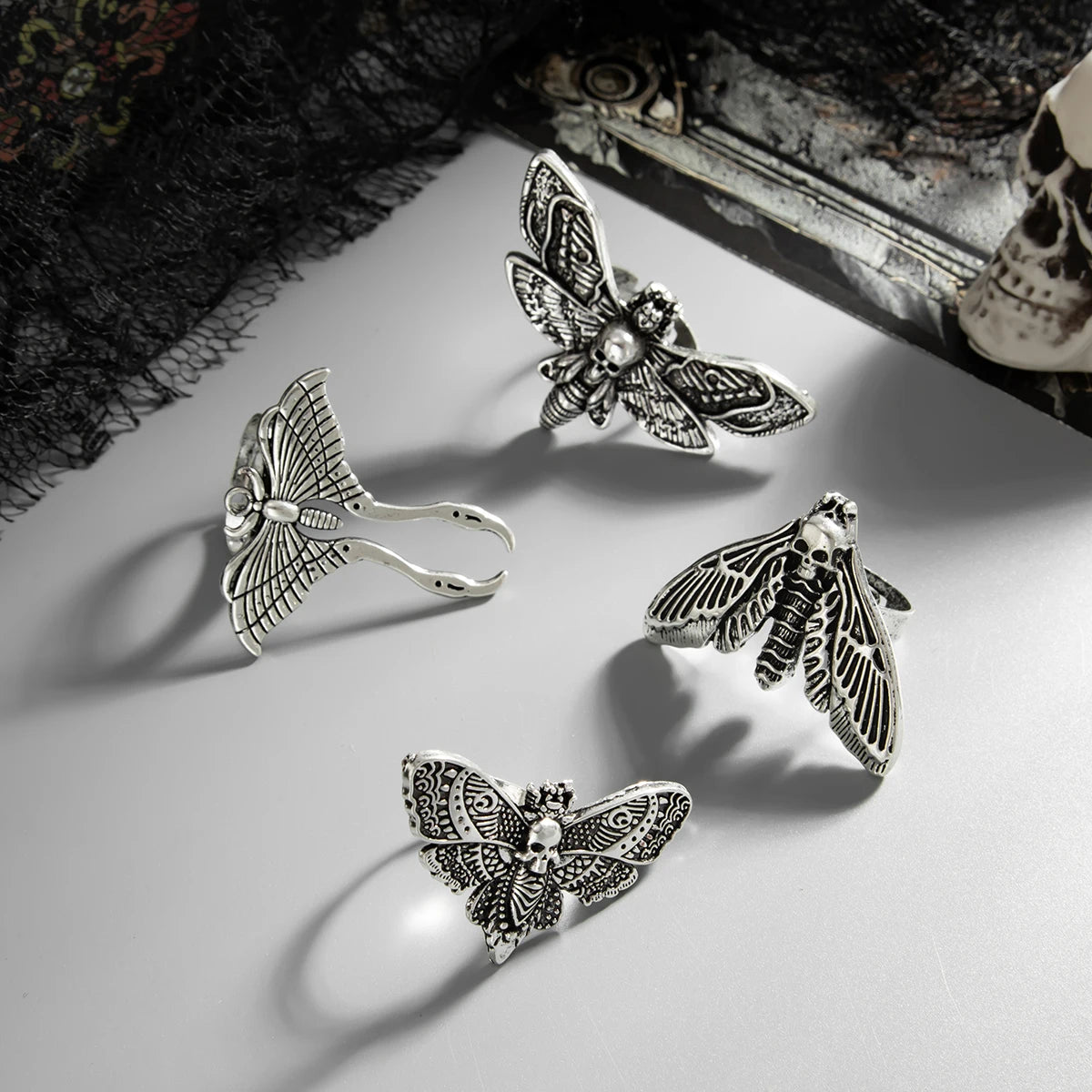 Salircon 4Pcs Goth Butterfly Moth Skull Ring Set – Women's Punk Jewelry