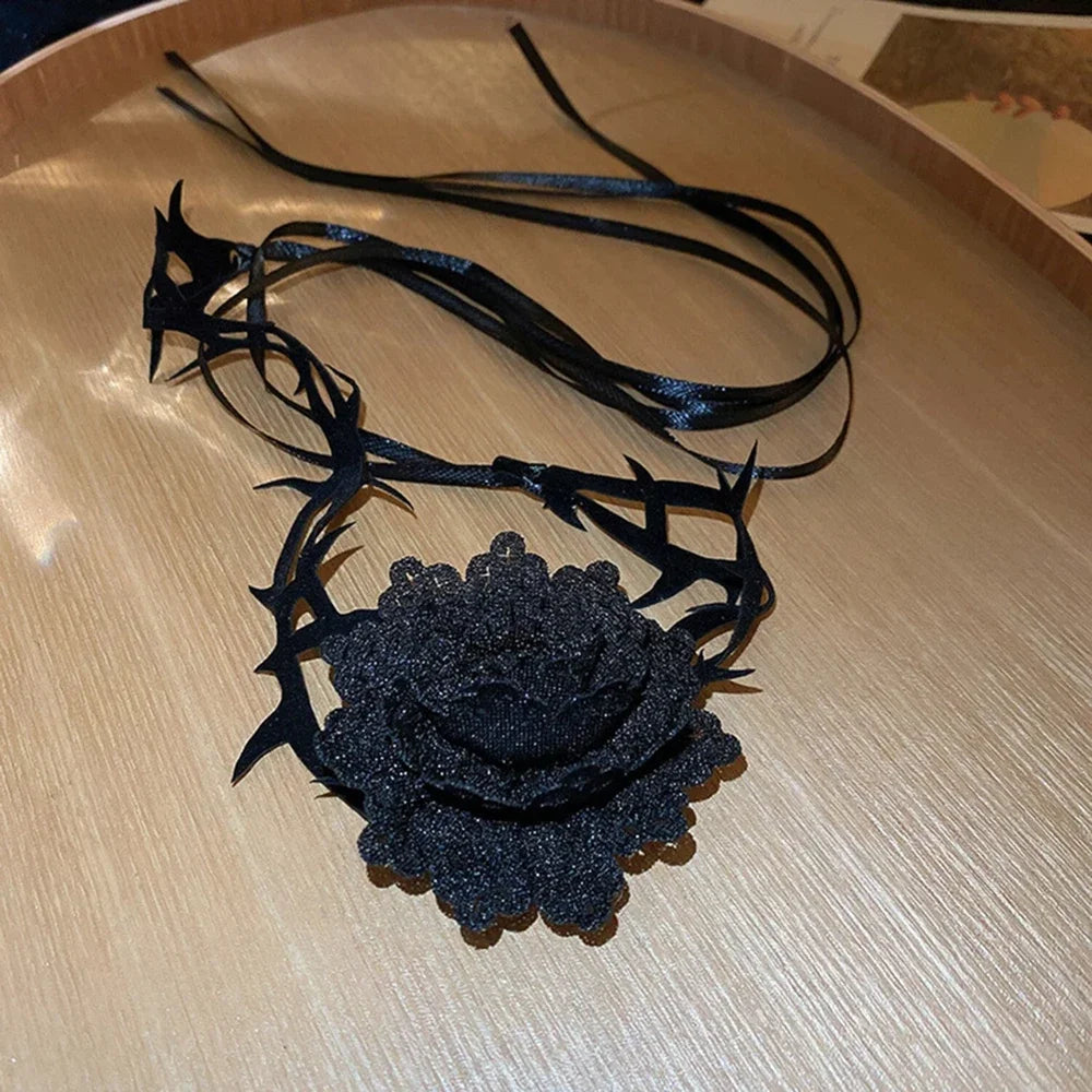 Women’s Gothic Rose Thorn Choker Necklace – Black Lace Floral Necklace for Halloween & Parties