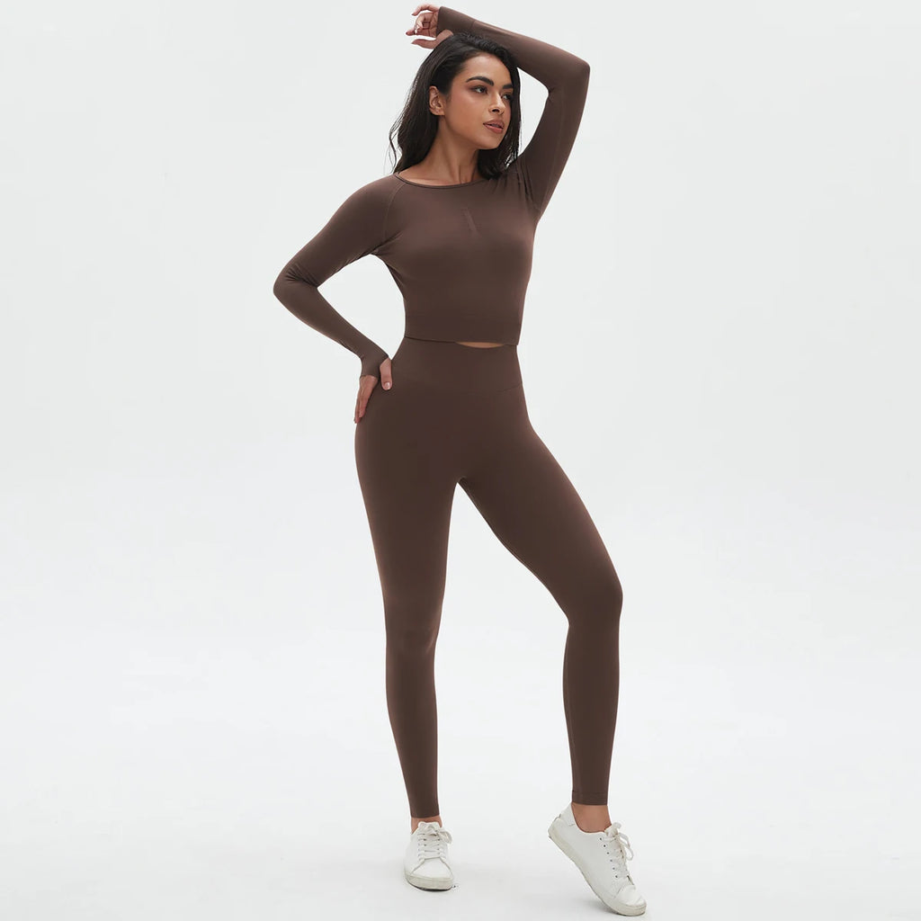 Women's 2-Piece Seamless Workout Set – Long Sleeve Top & High Waist Leggings