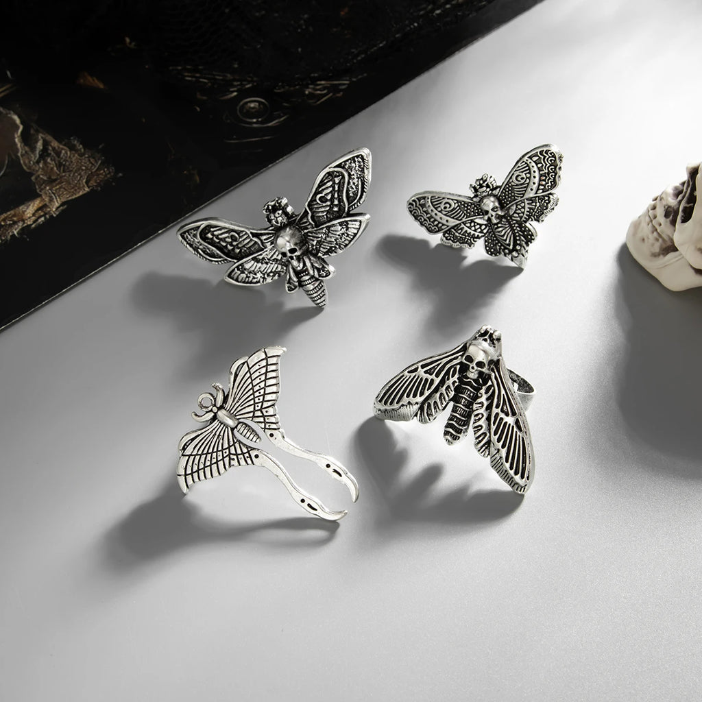 Salircon 4Pcs Goth Butterfly Moth Skull Ring Set – Women's Punk Jewelry