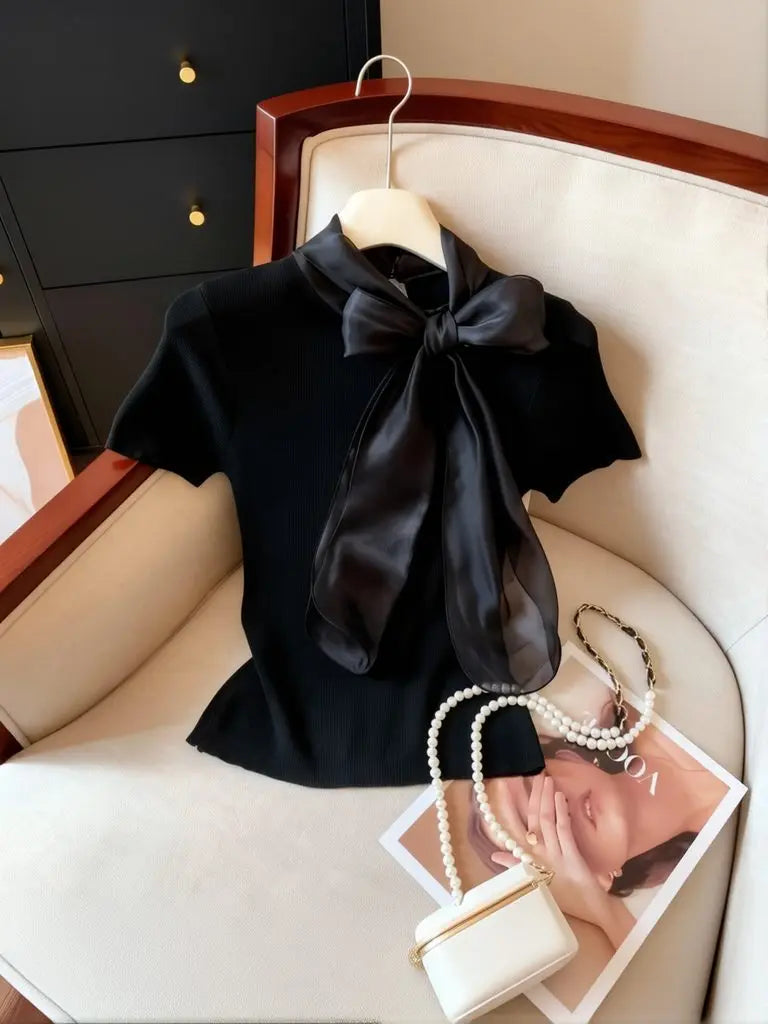 Knit Summer Short Sleeve Tee Women Elegant Luxury Bow Tied T shirt Korean Sweet Work wear Basic Plain Shirt Slim Fitted Pullover