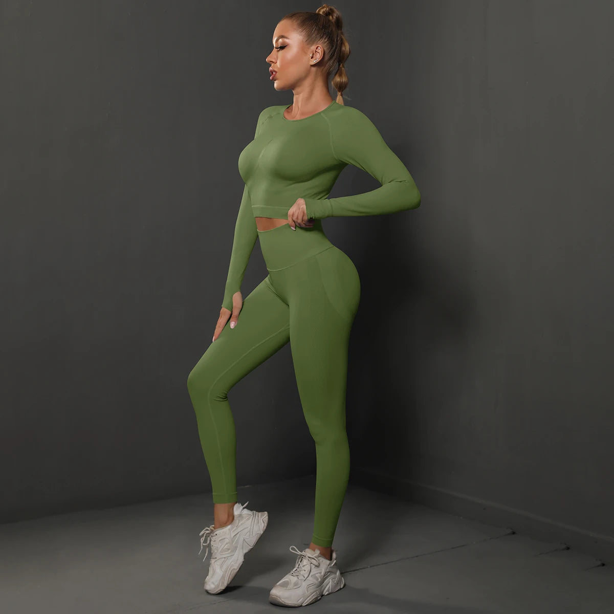 Women's 2-Piece Seamless Gym Set | High Waist Leggings + Long Sleeve Top | Yoga, Running & Fitness Tracksuit