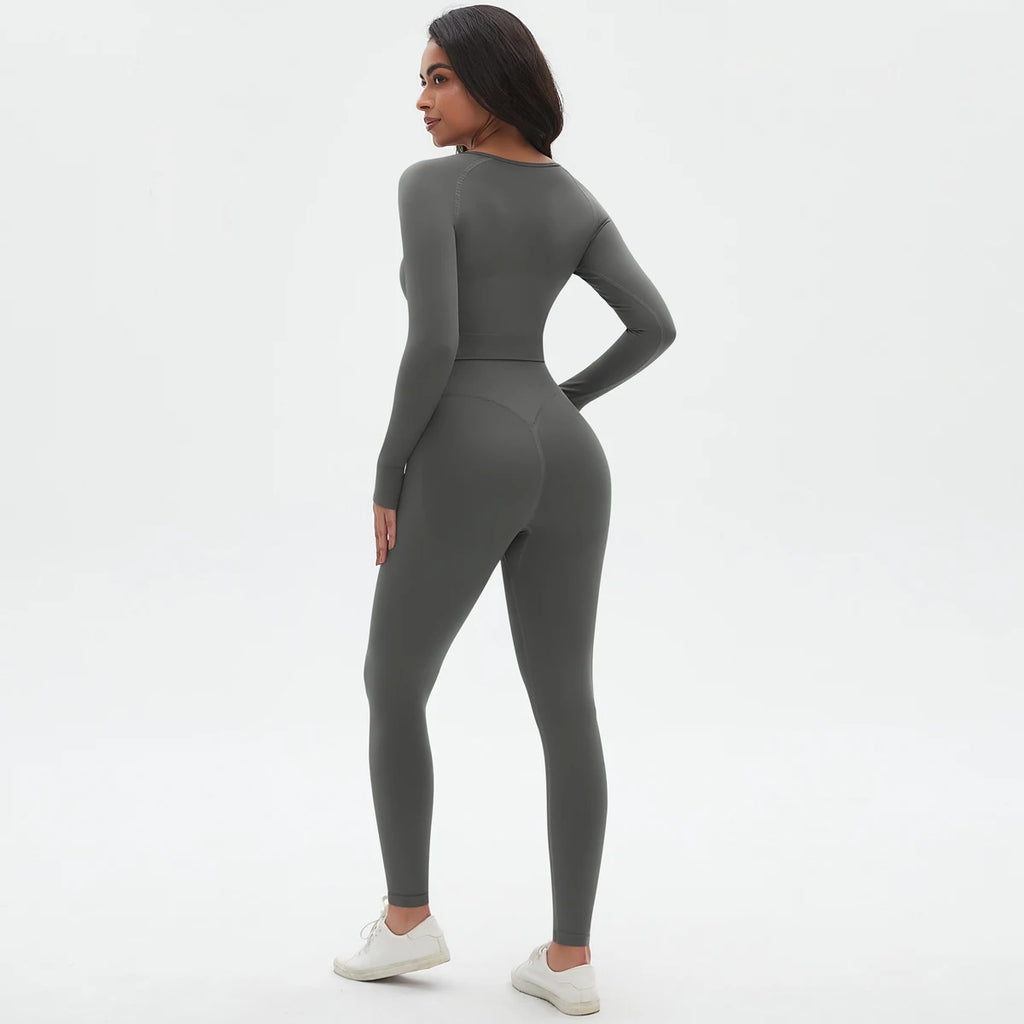 Women's 2-Piece Seamless Workout Set – Long Sleeve Top & High Waist Leggings
