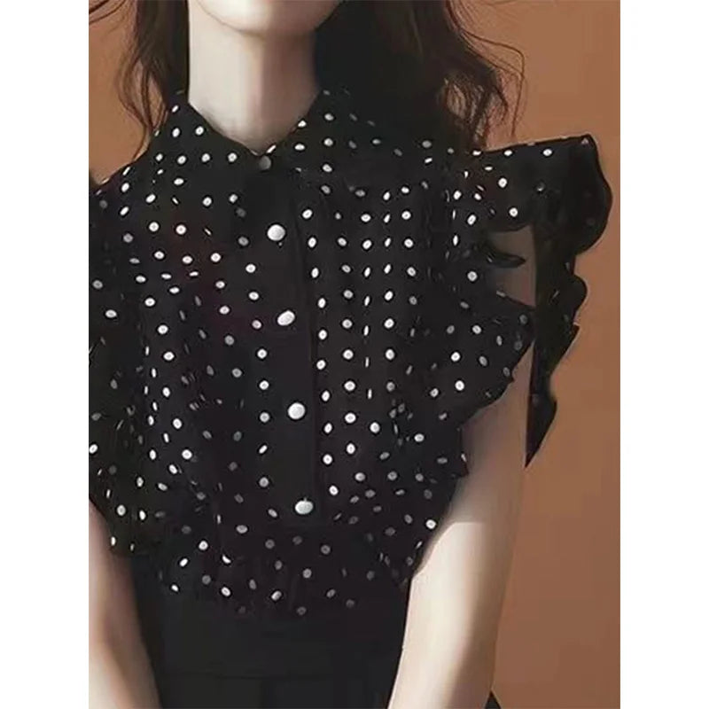 Women’s Black Polka Dot Chiffon Top – Elegant Summer Short Sleeve Blouse