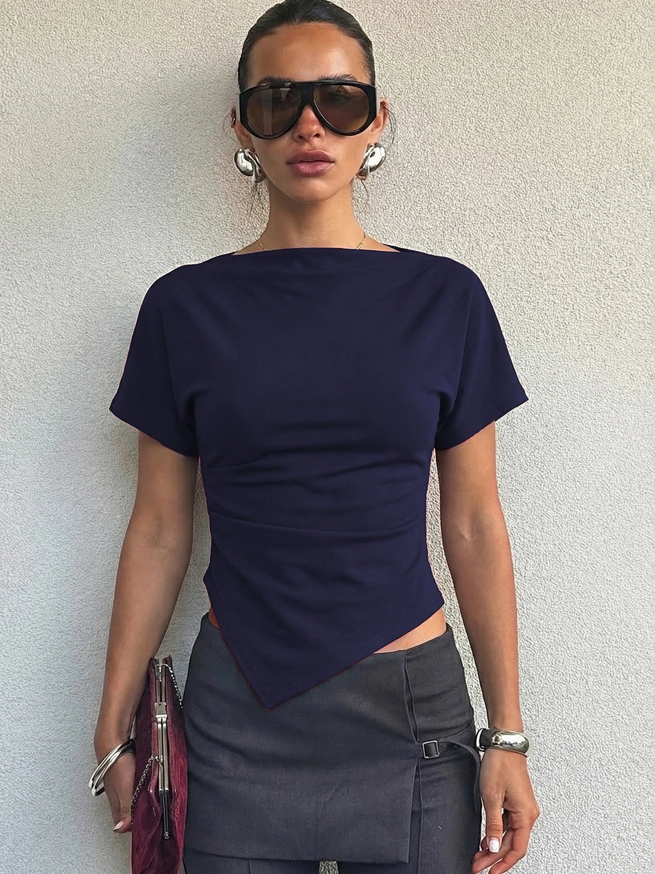 Hugcitar Fashion Solid Short Sleeve Ruched Sexy Irregular Crop T-Shirt Top Summer Women Clothes Streetwear Party Club Wholesale