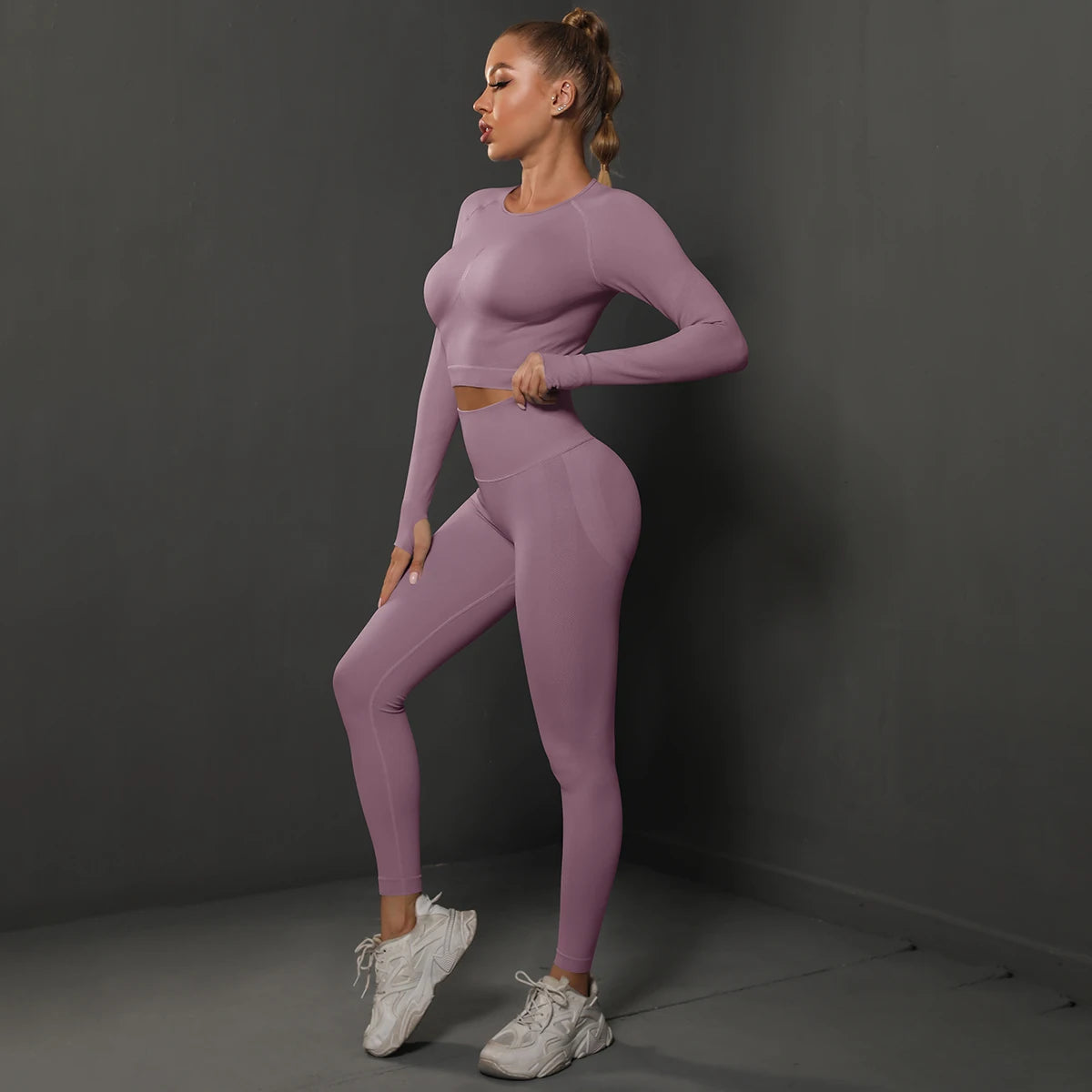 Women's 2-Piece Seamless Gym Set | High Waist Leggings + Long Sleeve Top | Yoga, Running & Fitness Tracksuit