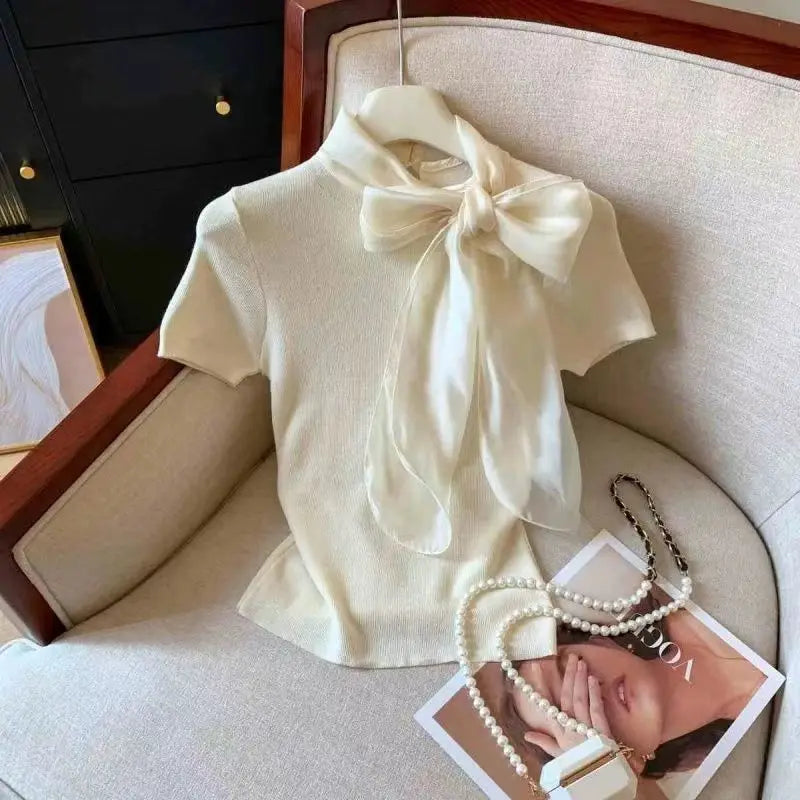 Knit Summer Short Sleeve Tee Women Elegant Luxury Bow Tied T shirt Korean Sweet Work wear Basic Plain Shirt Slim Fitted Pullover