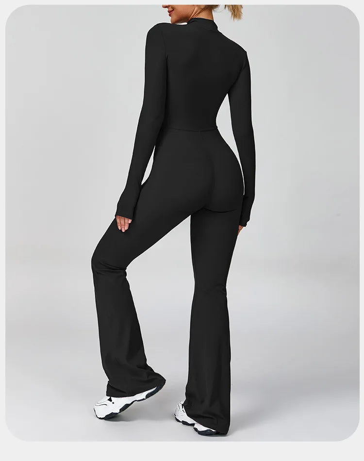 Women's Zipper Flared Jumpsuit – Yoga Gym Sportswear