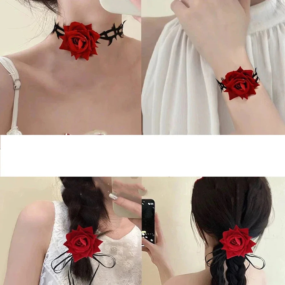 Women’s Gothic Rose Thorn Choker Necklace – Black Lace Floral Necklace for Halloween & Parties