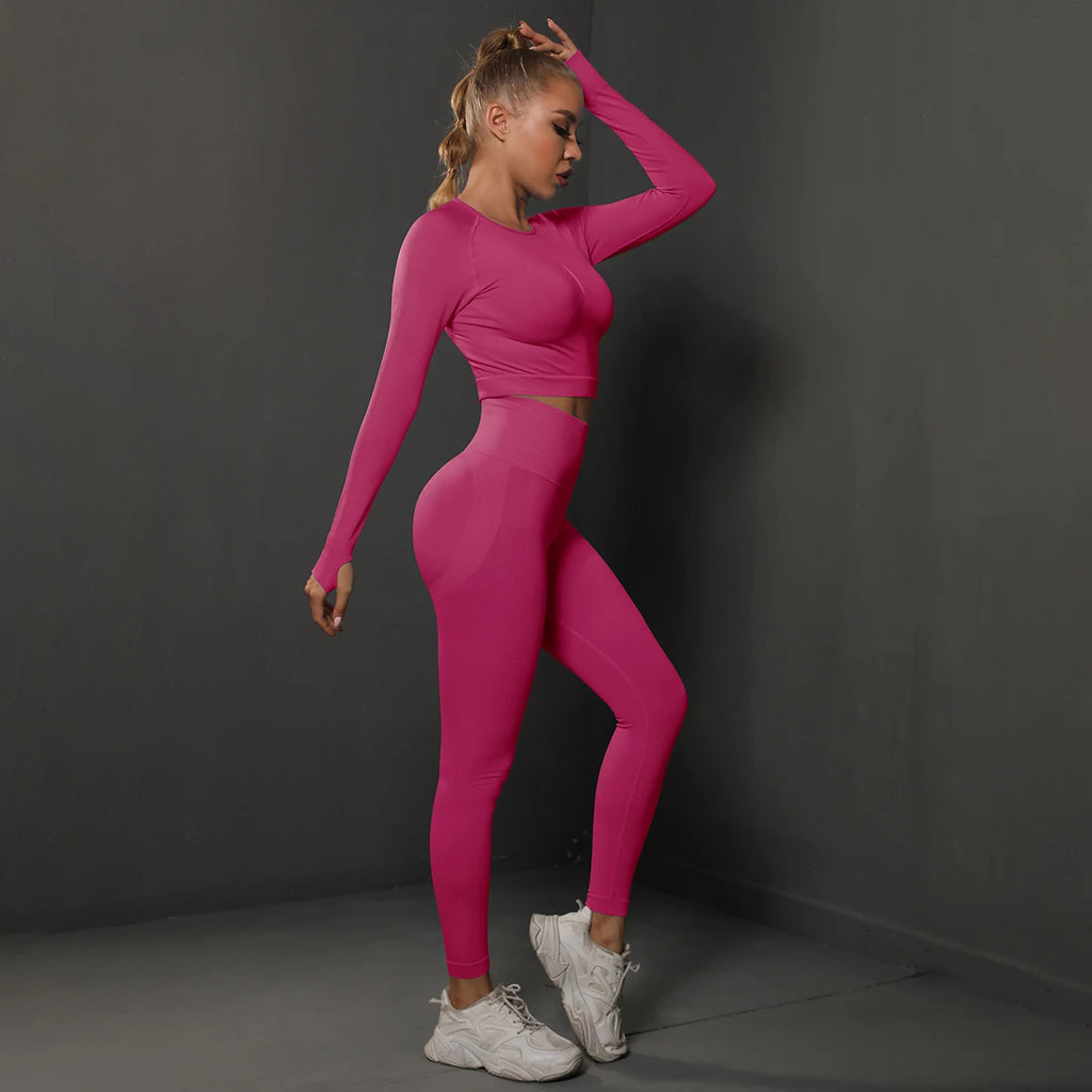 Women's 2-Piece Seamless Gym Set | High Waist Leggings + Long Sleeve Top | Yoga, Running & Fitness Tracksuit