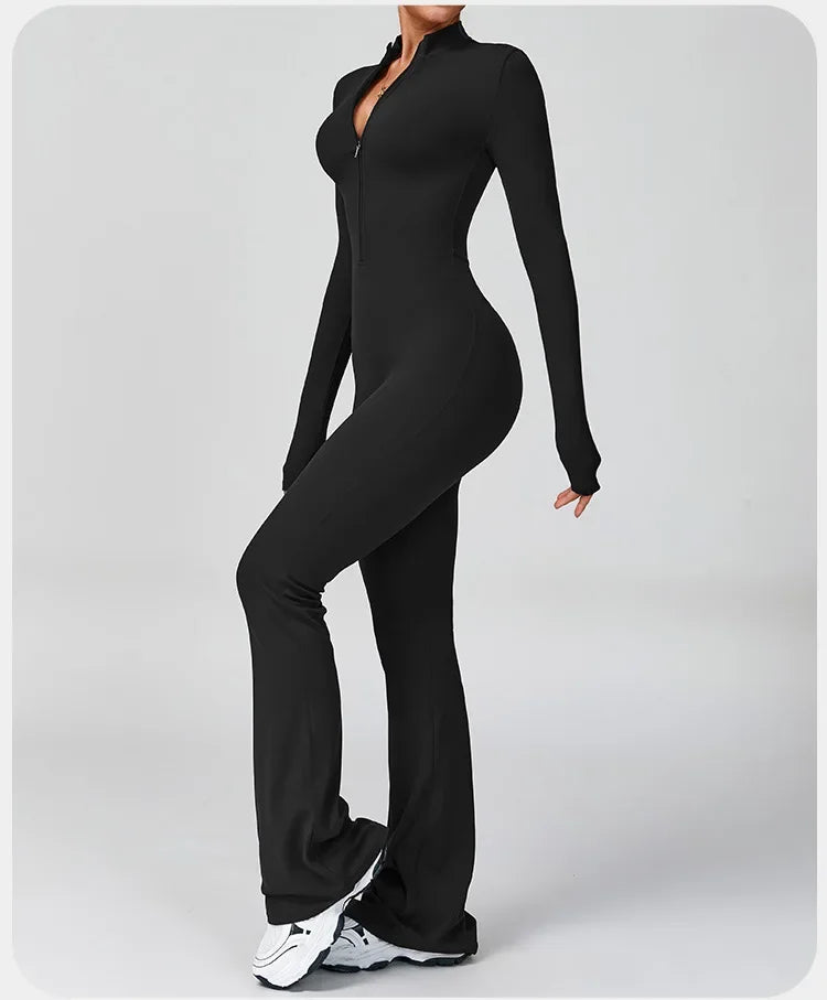 Women's Zipper Flared Jumpsuit – Yoga Gym Sportswear