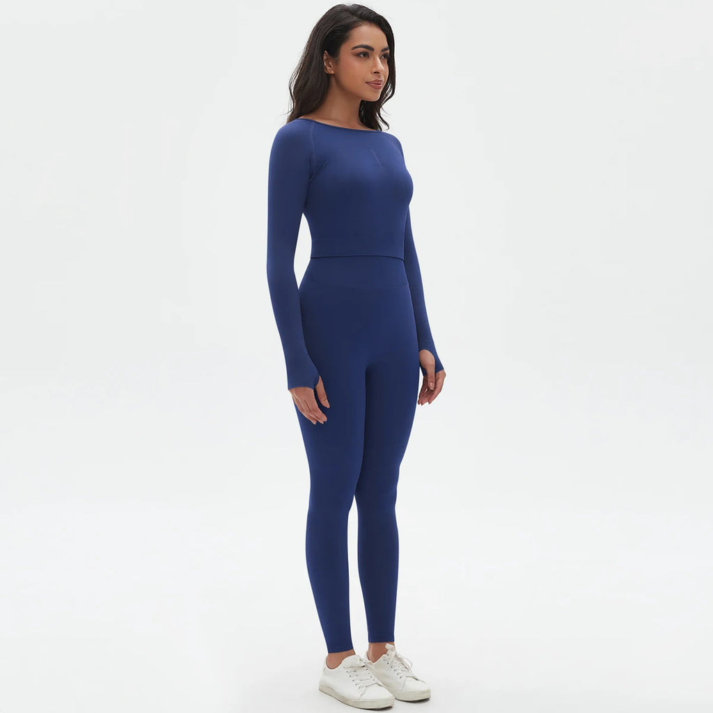 Women's 2-Piece Seamless Workout Set – Long Sleeve Top & High Waist Leggings