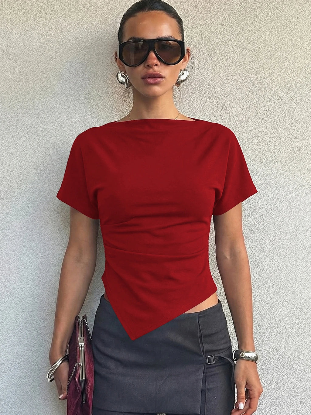 Hugcitar Fashion Solid Short Sleeve Ruched Sexy Irregular Crop T-Shirt Top Summer Women Clothes Streetwear Party Club Wholesale