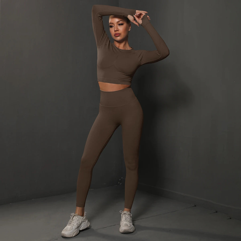 Women's 2-Piece Seamless Gym Set | High Waist Leggings + Long Sleeve Top | Yoga, Running & Fitness Tracksuit