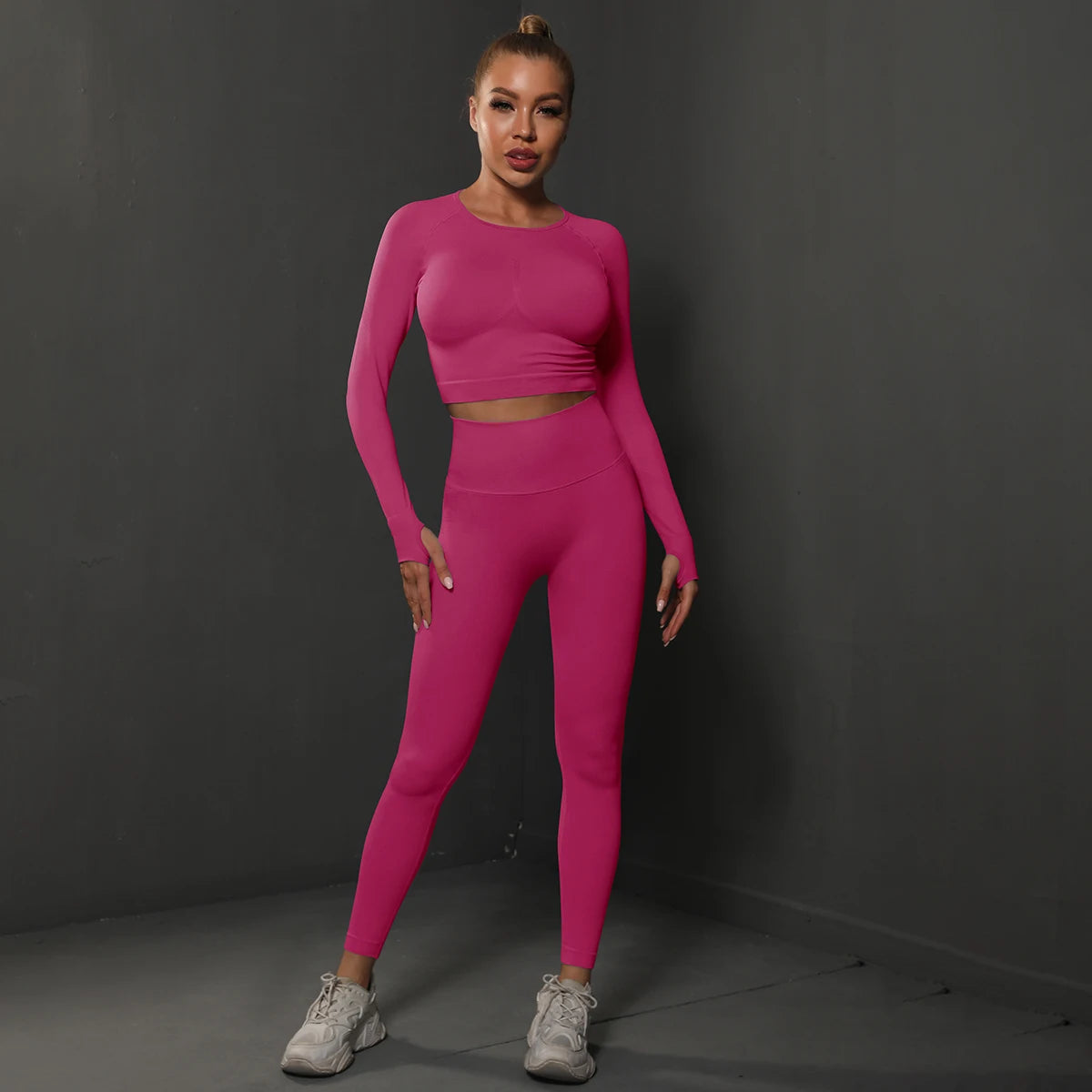 Women's 2-Piece Seamless Gym Set | High Waist Leggings + Long Sleeve Top | Yoga, Running & Fitness Tracksuit