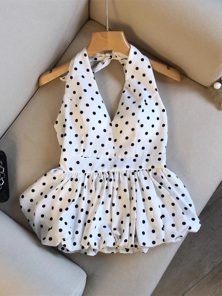 Backless Sexy Halter Beach Babydoll Crop Tops Women Polka Dots V Neck Sleeveless T Shirt Ruffles Basic Tees Not-Padded Pad