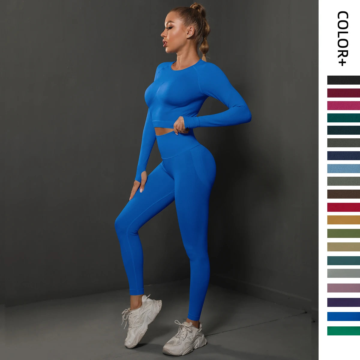 Women's 2-Piece Seamless Gym Set | High Waist Leggings + Long Sleeve Top | Yoga, Running & Fitness Tracksuit