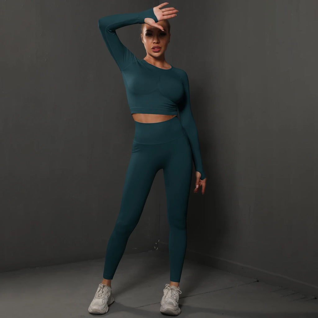 Women's 2-Piece Seamless Gym Set | High Waist Leggings + Long Sleeve Top | Yoga, Running & Fitness Tracksuit