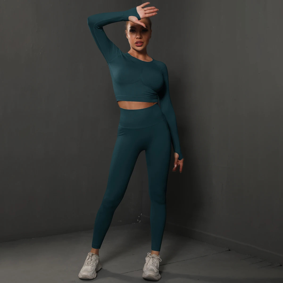 Women's 2-Piece Seamless Gym Set | High Waist Leggings + Long Sleeve Top | Yoga, Running & Fitness Tracksuit