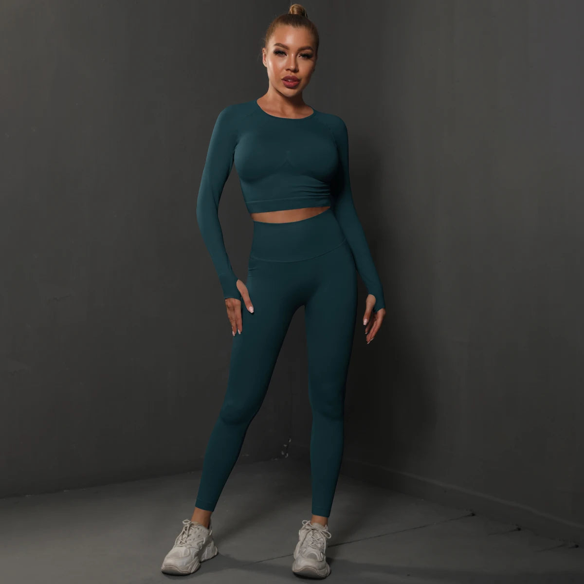 Women's 2-Piece Seamless Gym Set | High Waist Leggings + Long Sleeve Top | Yoga, Running & Fitness Tracksuit