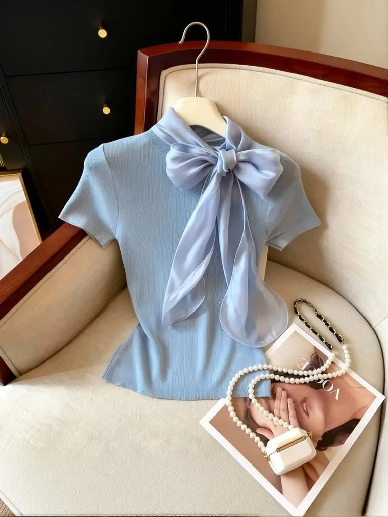 Knit Summer Short Sleeve Tee Women Elegant Luxury Bow Tied T shirt Korean Sweet Work wear Basic Plain Shirt Slim Fitted Pullover