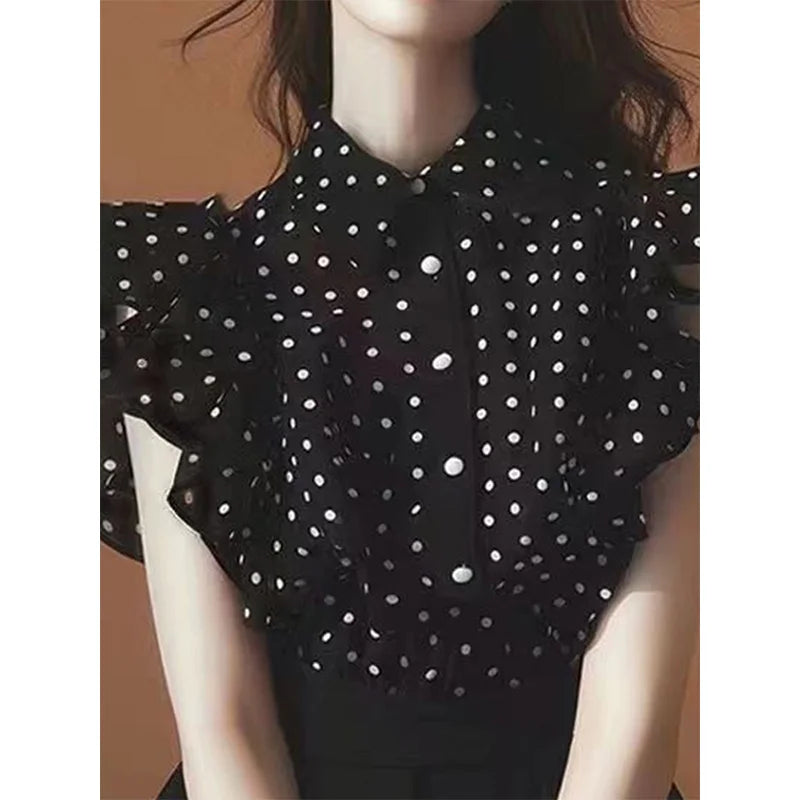Women’s Black Polka Dot Chiffon Top – Elegant Summer Short Sleeve Blouse
