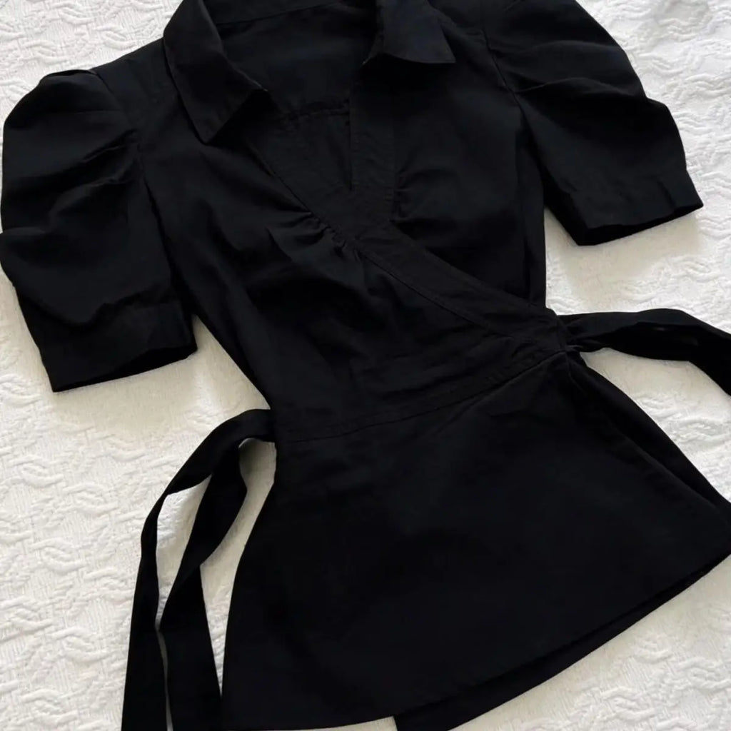 Vintage Elegant Tees Women Slim Back Bandage Shirt Button High Neck Ladies T-shirt Summer Commuter Short Sleeve Female Y2k Tops