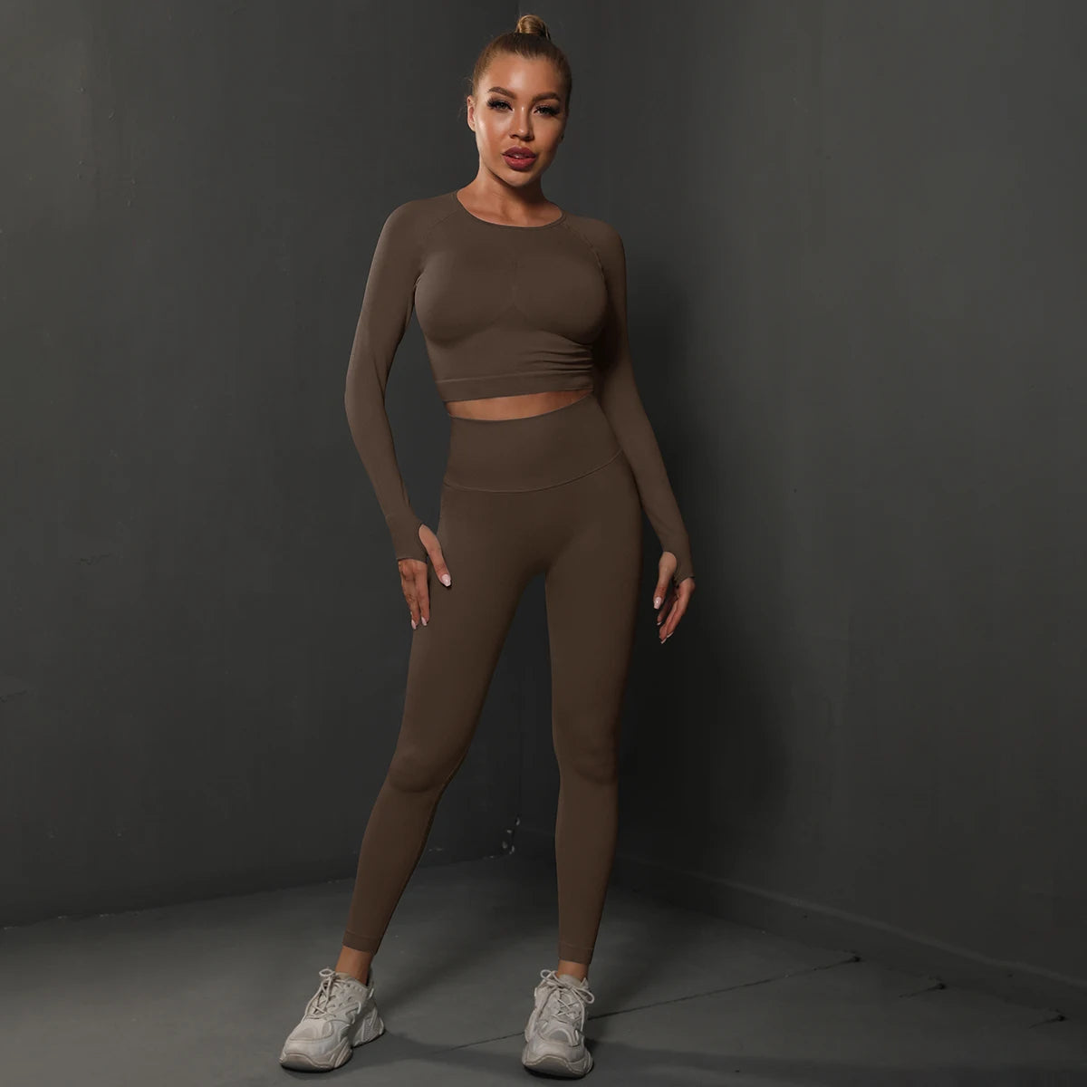 Women's 2-Piece Seamless Gym Set | High Waist Leggings + Long Sleeve Top | Yoga, Running & Fitness Tracksuit